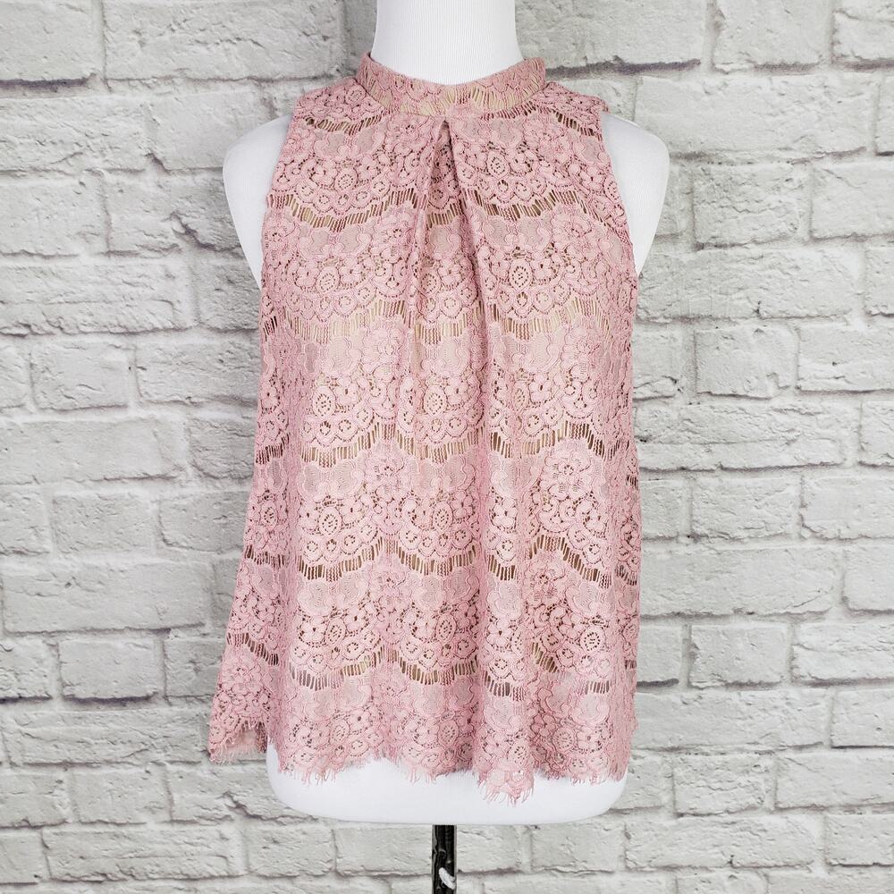 love, Fire Blush Pink Lace Sleeveless Mock Neck Blouse